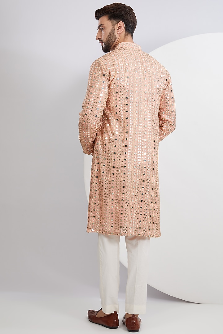 Peach Georgette Mirror Embroidered Kurta by Kasbah Clothing at Pernia's Pop Up Shop