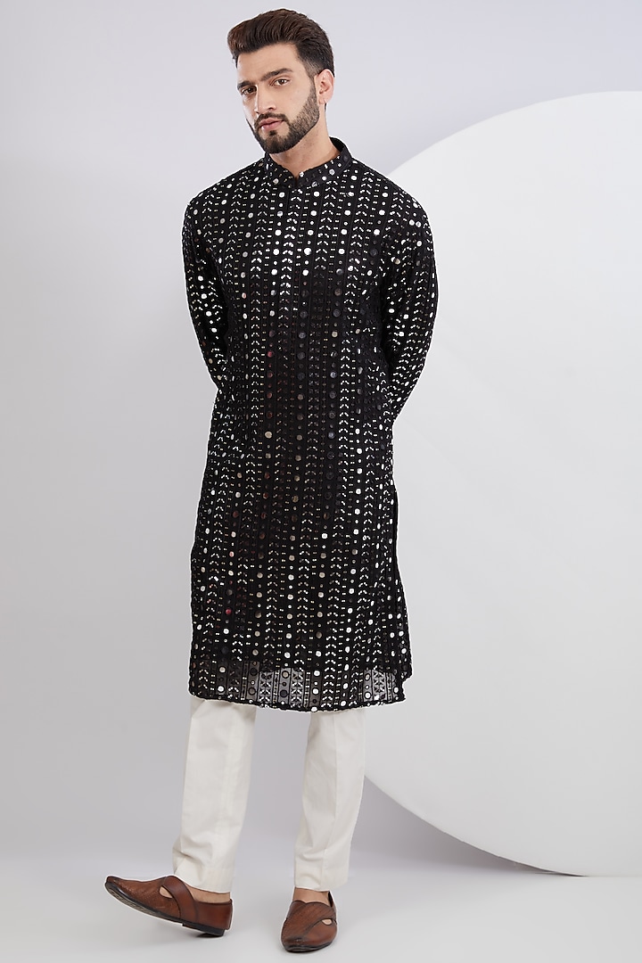 Black Georgette Mirror Embroidered Kurta by Kasbah Clothing at Pernia's Pop Up Shop