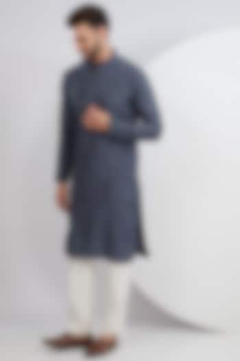 Denim Blue Silk Floral Embroidered Kurta by Kasbah Clothing at Pernia's Pop Up Shop