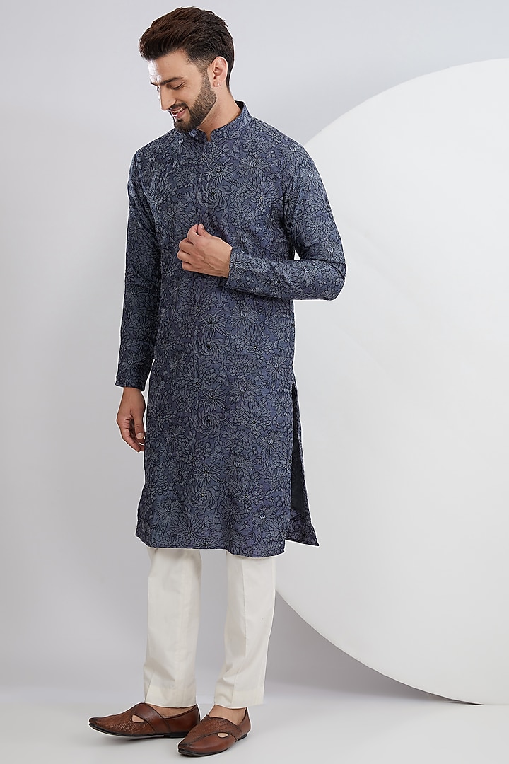 Denim Blue Silk Floral Embroidered Kurta by Kasbah Clothing at Pernia's Pop Up Shop