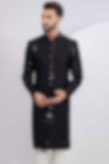 Black Silk Sequins Embroidered Sherwani by Kasbah Clothing
