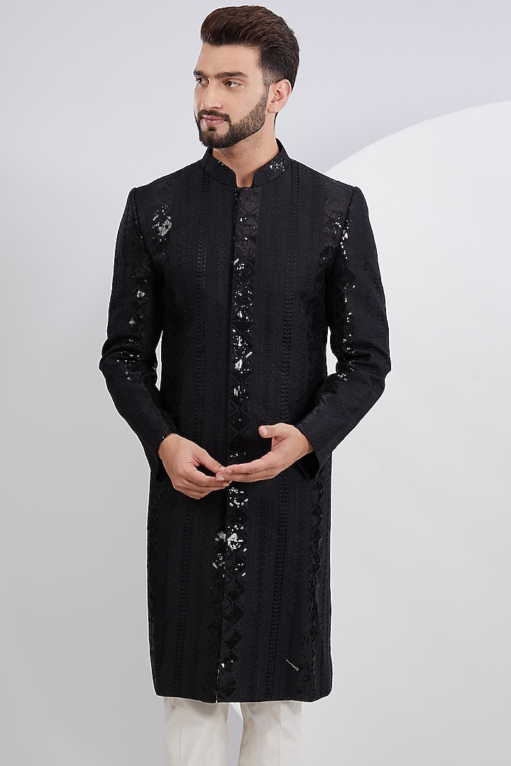 Black Silk Sequins Embroidered Sherwani by Kasbah Clothing