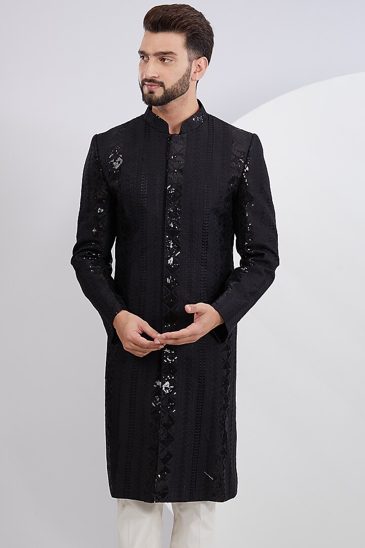 Black Silk Sequins Embroidered Wedding Sherwani by Kasbah Clothing at Pernia's Pop Up Shop