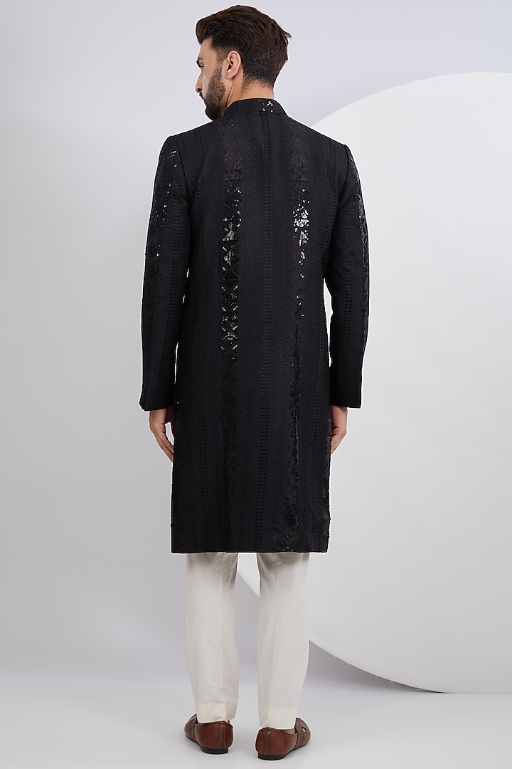 Black Silk Sequins Embroidered Wedding Sherwani by Kasbah Clothing at Pernia's Pop Up Shop