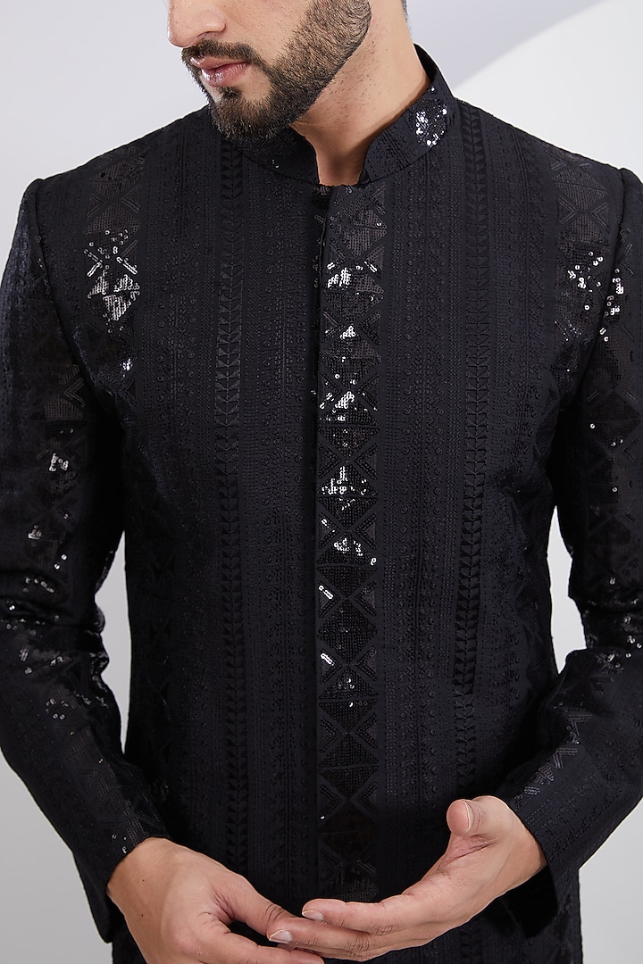 Black Silk Sequins Embroidered Wedding Sherwani by Kasbah Clothing at Pernia's Pop Up Shop