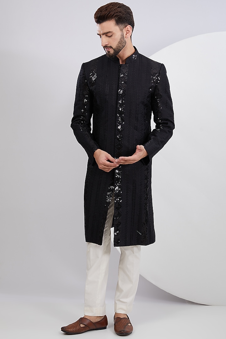 Black Silk Sequins Embroidered Wedding Sherwani by Kasbah Clothing at Pernia's Pop Up Shop