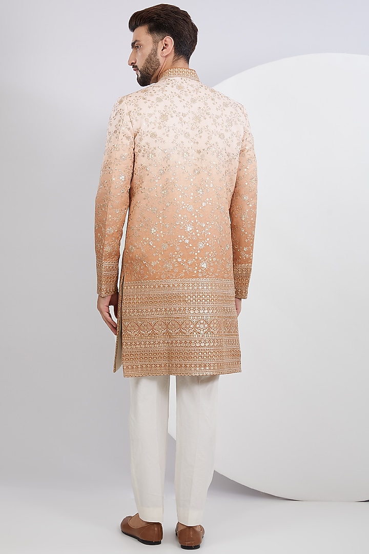 Beige Ombre Silk Embroidered Wedding Sherwani by Kasbah Clothing at Pernia's Pop Up Shop