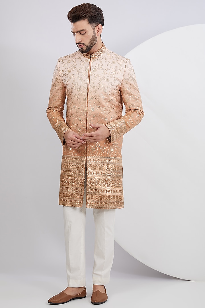 Beige Ombre Silk Embroidered Sherwani by Kasbah Clothing