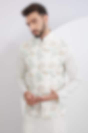 White Silk Embroidered Nehru Jacket by Kasbah Clothing