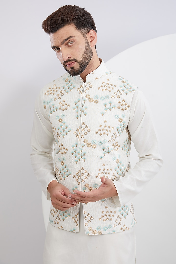 White Silk Embroidered Nehru Jacket by Kasbah Clothing at Pernia's Pop Up Shop