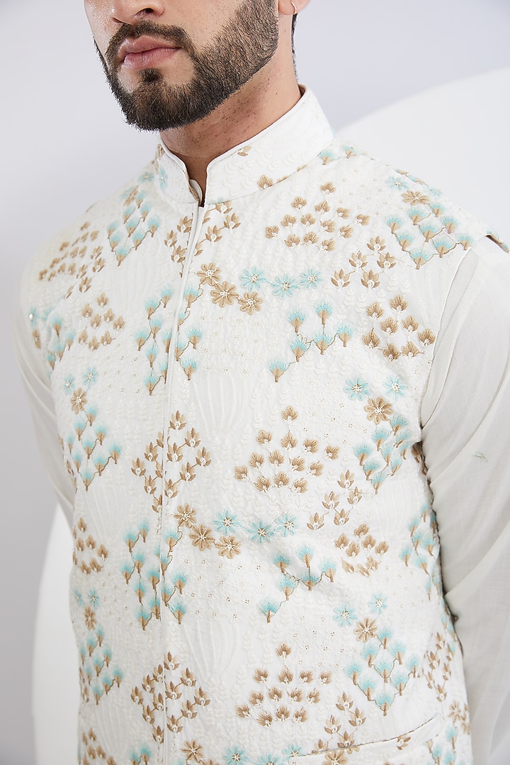 White Silk Embroidered Nehru Jacket by Kasbah Clothing at Pernia's Pop Up Shop