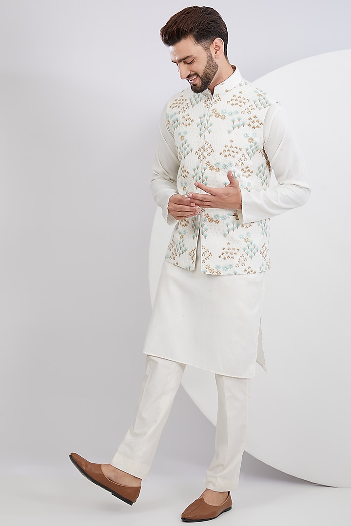 White Silk Embroidered Nehru Jacket by Kasbah Clothing