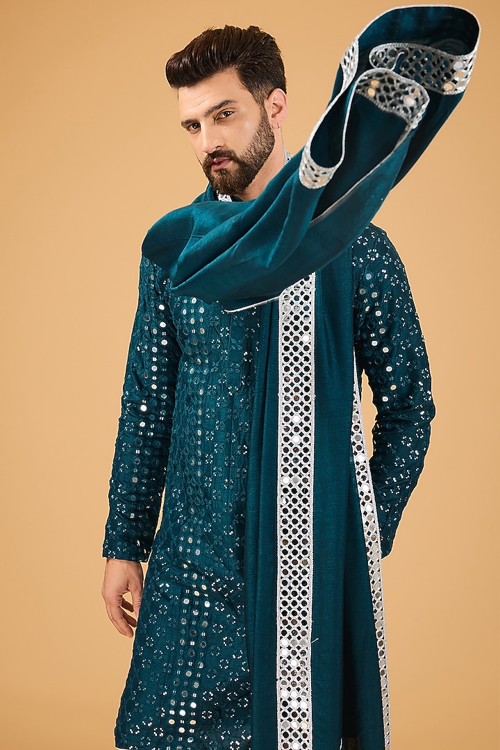 Blue Silk Thread Embroidered Kurta With Stole by Kasbah Clothing at Pernia's Pop Up Shop