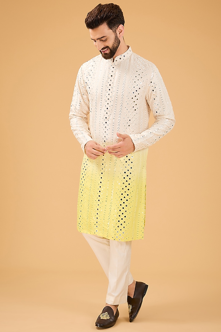 Cream-Yellow Ombre Shaded Silk Mirror Work Kurta by Kasbah Clothing at Pernia's Pop Up Shop