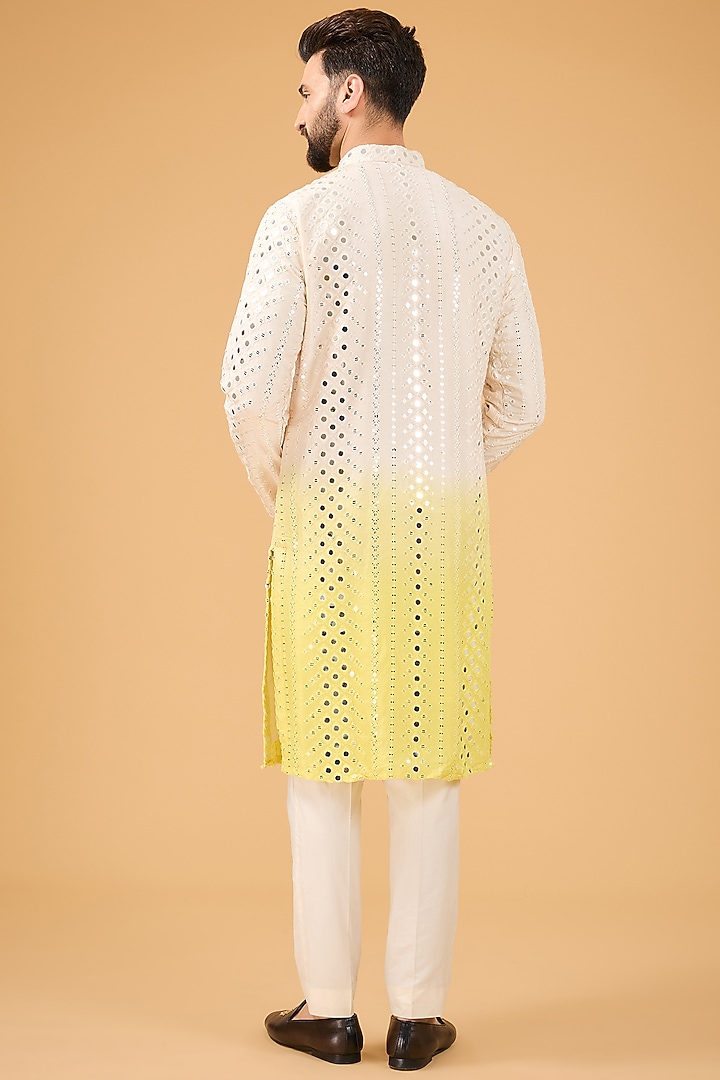 Cream-Yellow Ombre Shaded Silk Mirror Work Kurta by Kasbah Clothing at Pernia's Pop Up Shop