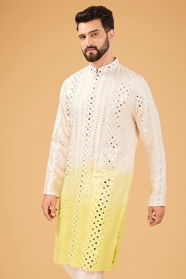 Cream-Yellow Ombre Shaded Silk Mirror Work Kurta by Kasbah Clothing at Pernia's Pop Up Shop