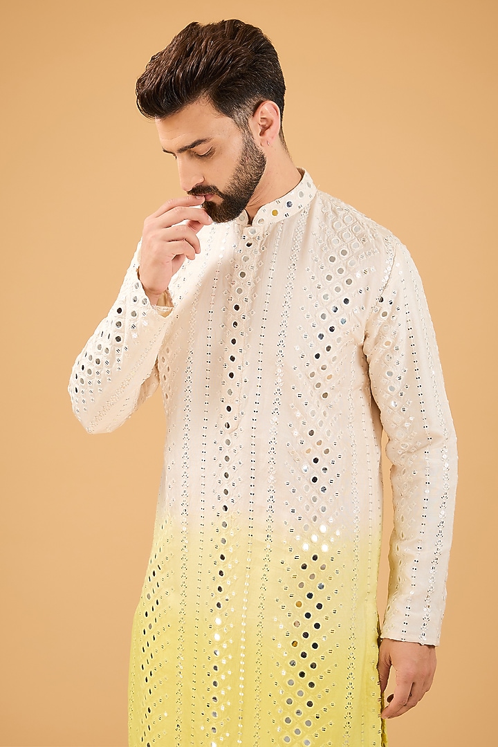 Cream-Yellow Ombre Shaded Silk Mirror Work Kurta by Kasbah Clothing at Pernia's Pop Up Shop