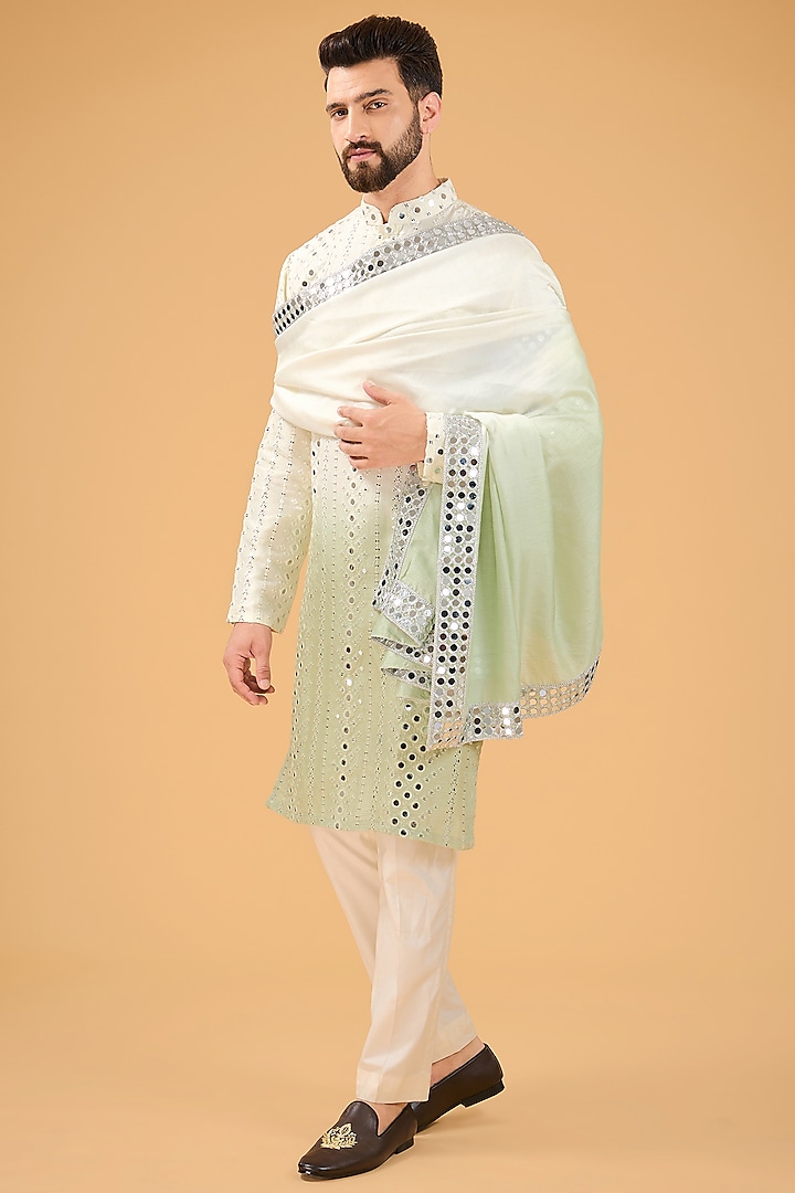 Cream-Sage Ombre Silk Mirror Work Kurta With Stole by Kasbah Clothing at Pernia's Pop Up Shop