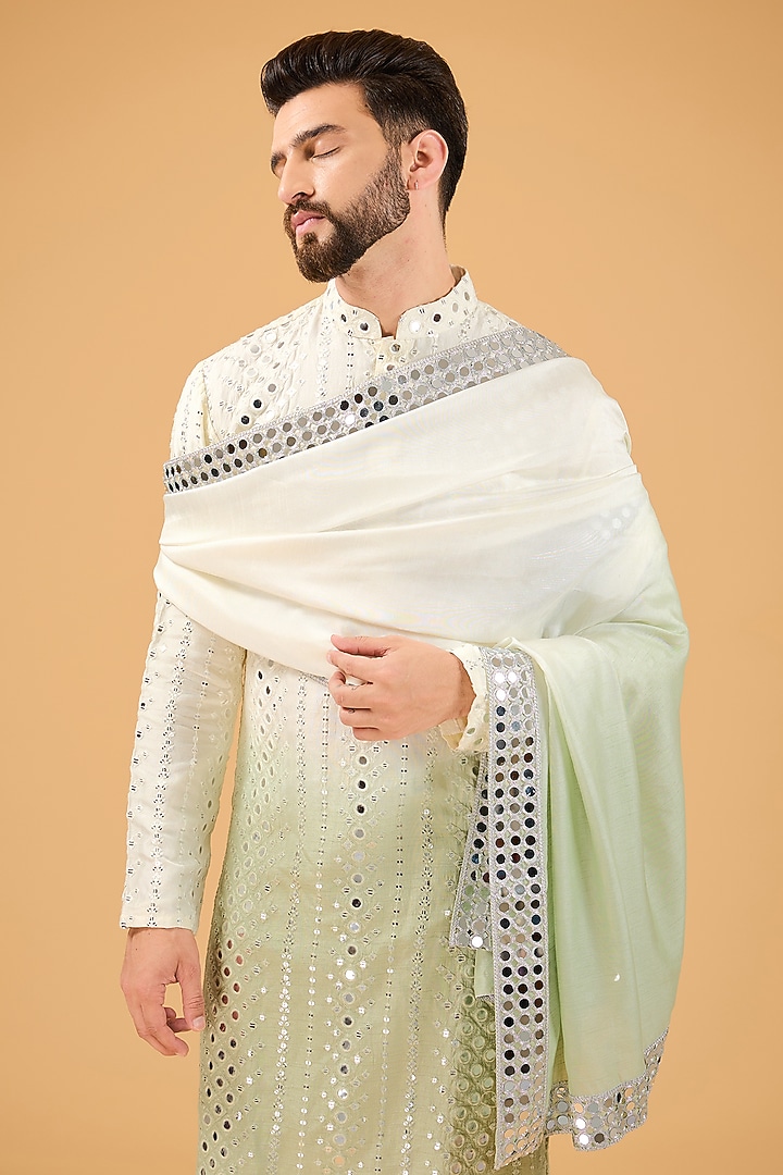 Cream-Sage Ombre Silk Mirror Work Kurta With Stole by Kasbah Clothing at Pernia's Pop Up Shop