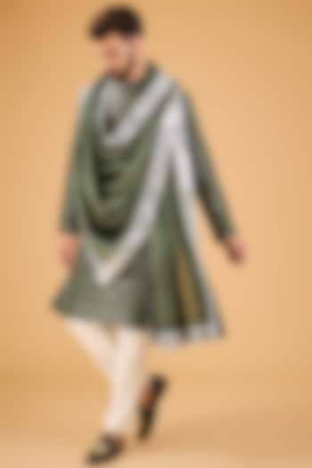 Military Green Silk Mirror Embellished Kurta With Stole by Kasbah Clothing