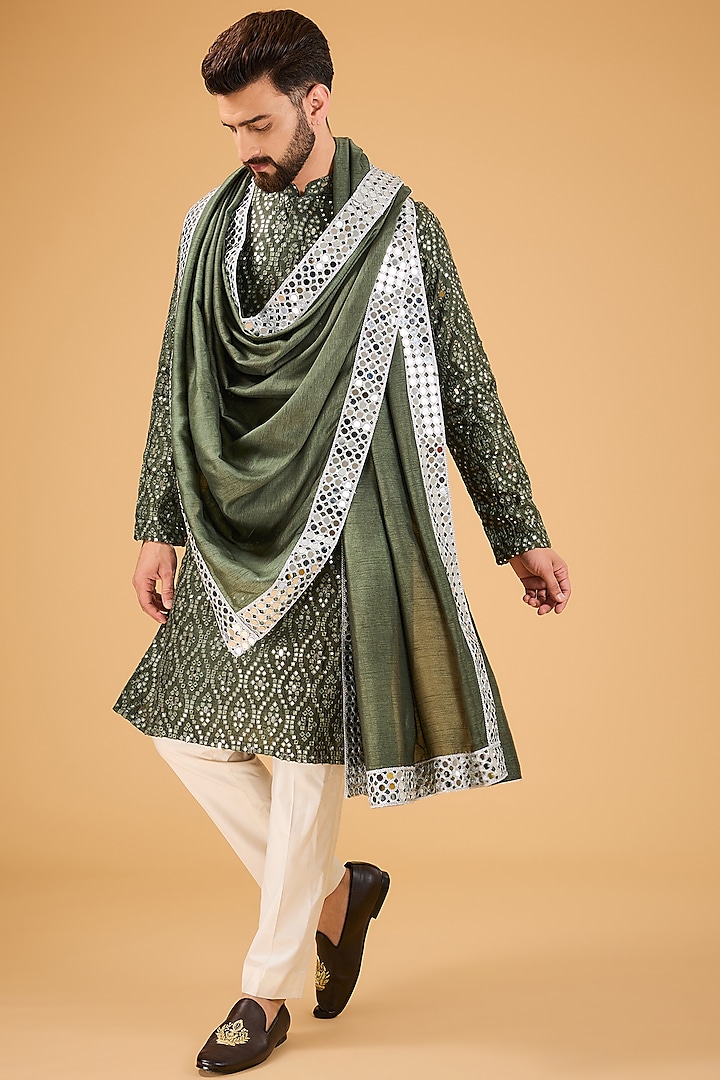 Military Green Silk Mirror Embellished Kurta With Stole by Kasbah Clothing