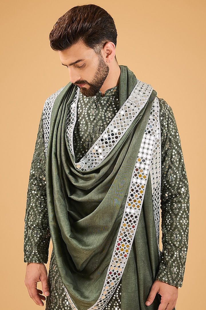 Military Green Silk Mirror Embellished Kurta With Stole by Kasbah Clothing at Pernia's Pop Up Shop