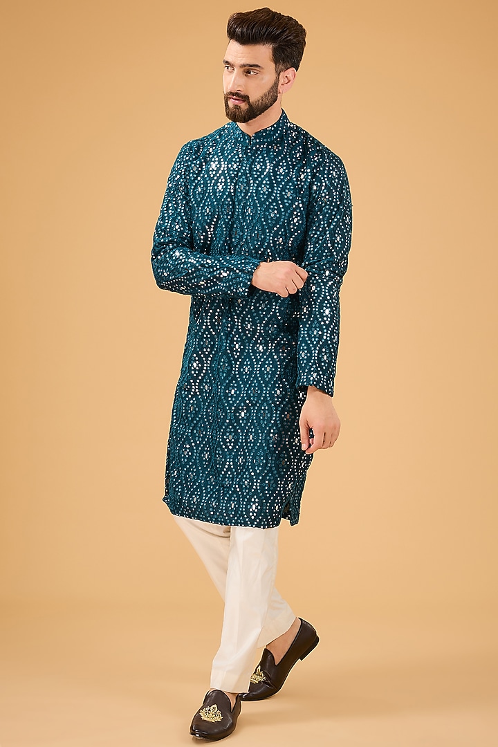 Teal Blue Silk Mirror Embellished Kurta by Kasbah Clothing at Pernia's Pop Up Shop
