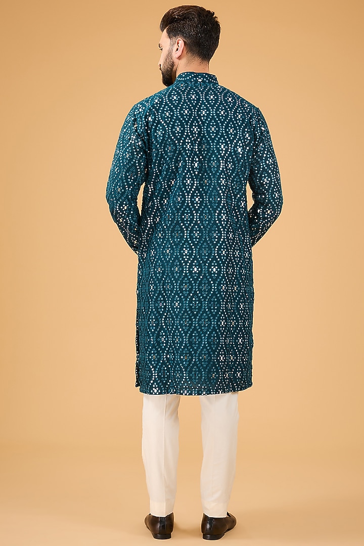 Teal Blue Silk Mirror Embellished Kurta by Kasbah Clothing at Pernia's Pop Up Shop