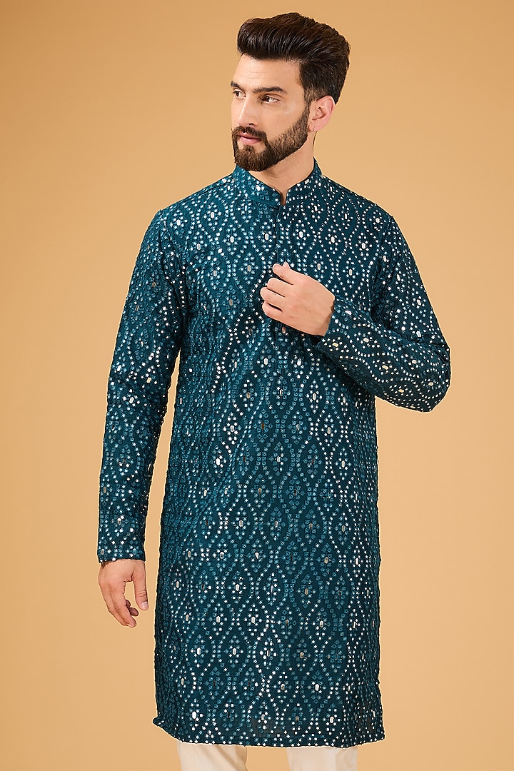 Teal Blue Silk Mirror Embellished Kurta by Kasbah Clothing at Pernia's Pop Up Shop