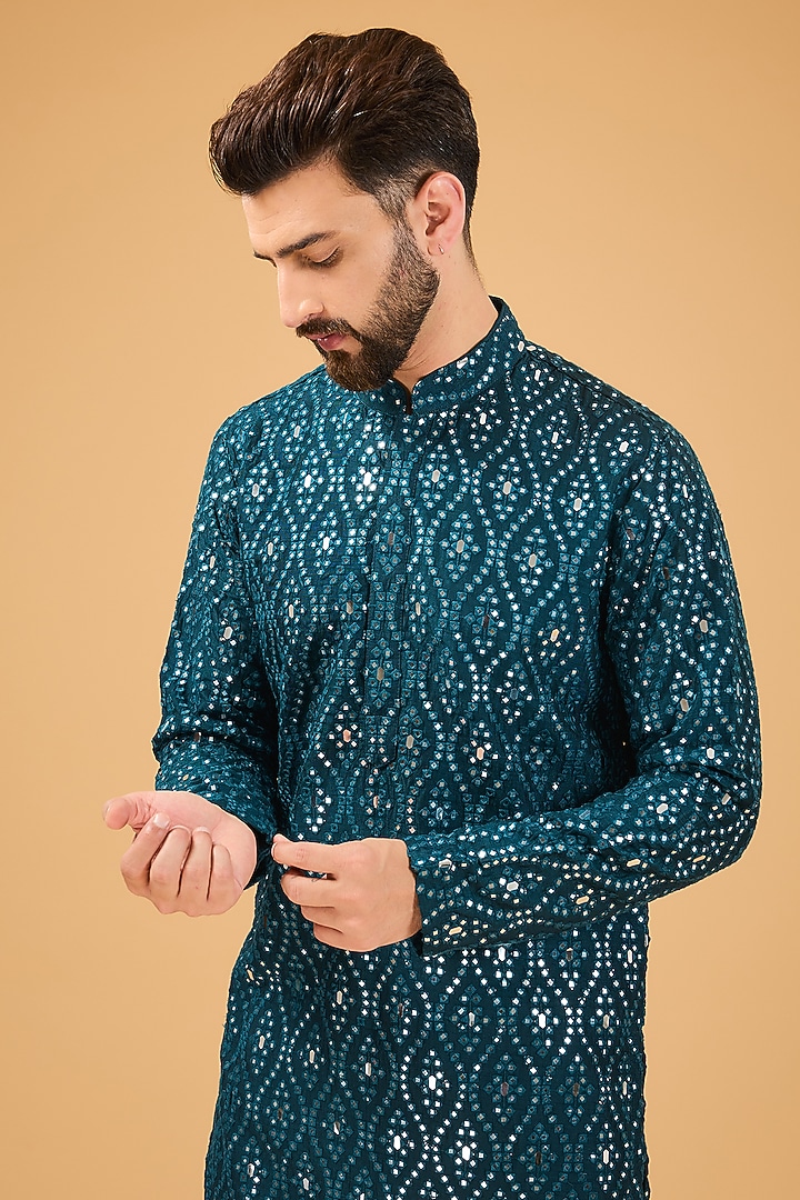 Teal Blue Silk Mirror Embellished Kurta by Kasbah Clothing at Pernia's Pop Up Shop
