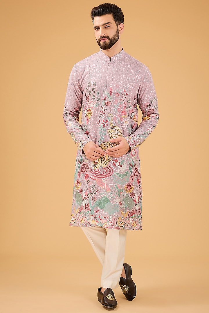 Purple Georgette Flora & Fauna Embroidered Kurta by Kasbah Clothing