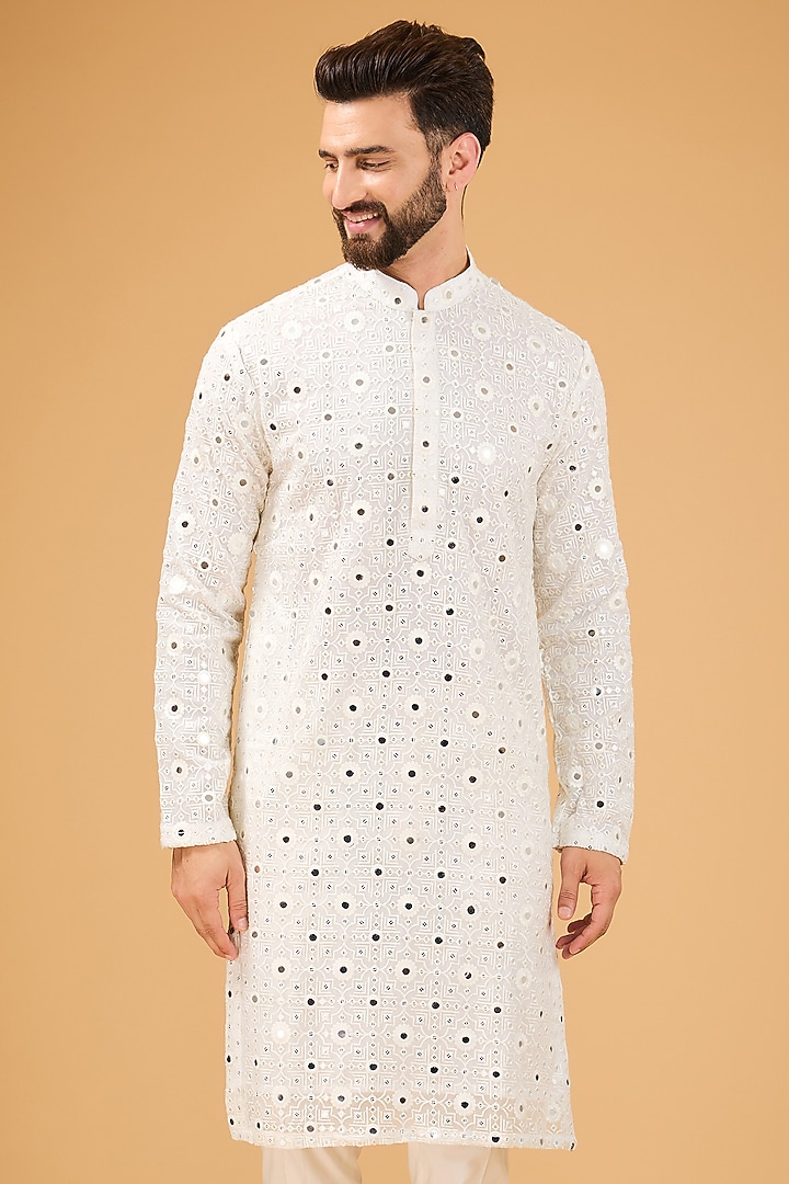 White Georgette Mirror Work Kurta by Kasbah Clothing at Pernia's Pop Up Shop