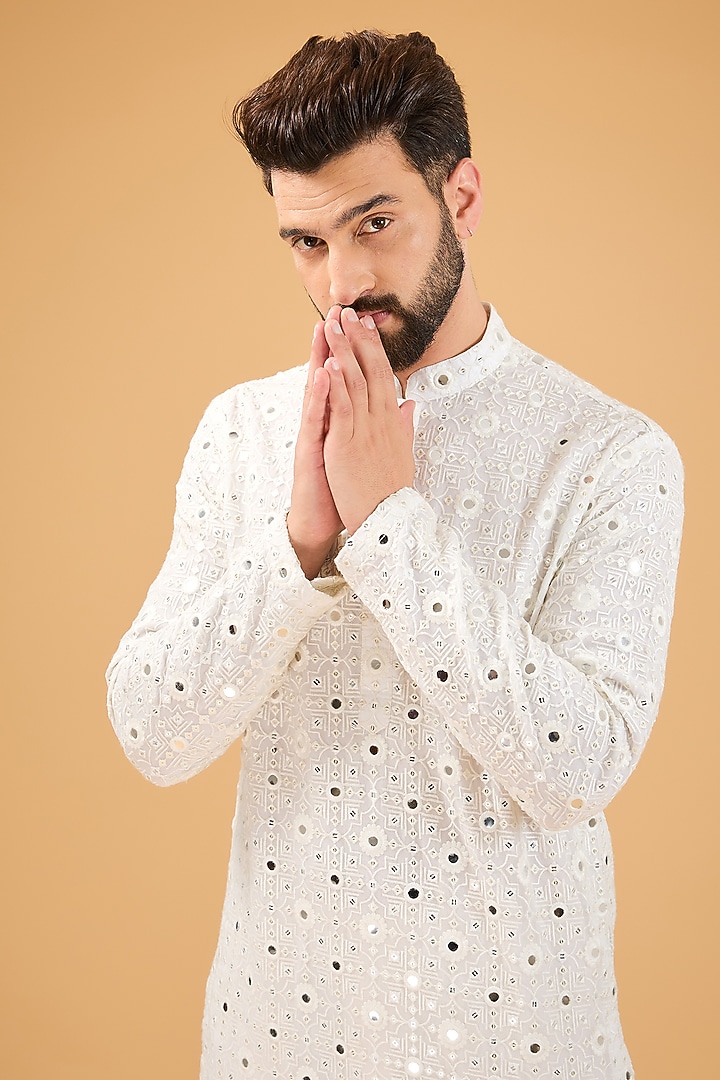 White Georgette Mirror Work Kurta by Kasbah Clothing at Pernia's Pop Up Shop