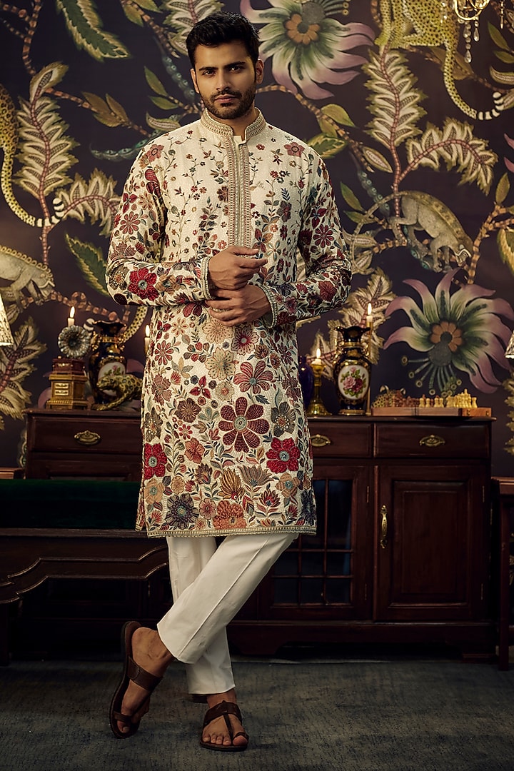 Ivory Georgette Floral Embroidered Kurta Set by Kasbah Clothing at Pernia's Pop Up Shop