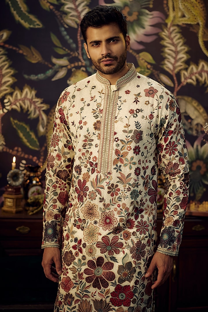 Ivory Georgette Floral Embroidered Kurta Set by Kasbah Clothing at Pernia's Pop Up Shop