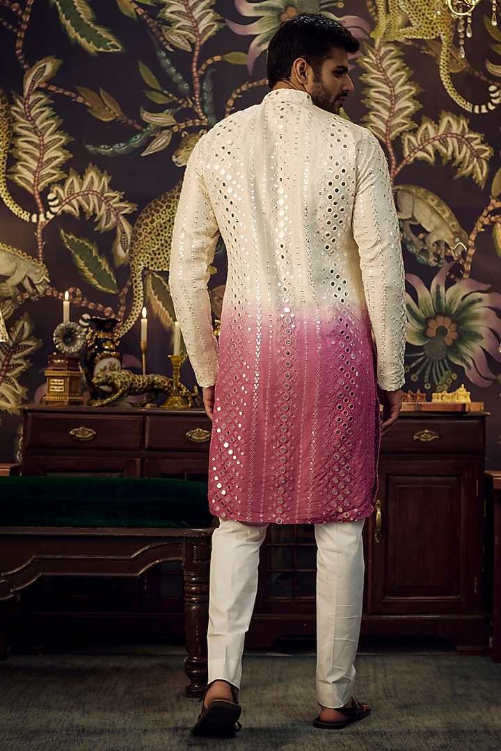 Cream-Fuchsia Silk Mirror Work Kurta Set by Kasbah Clothing at Pernia's Pop Up Shop