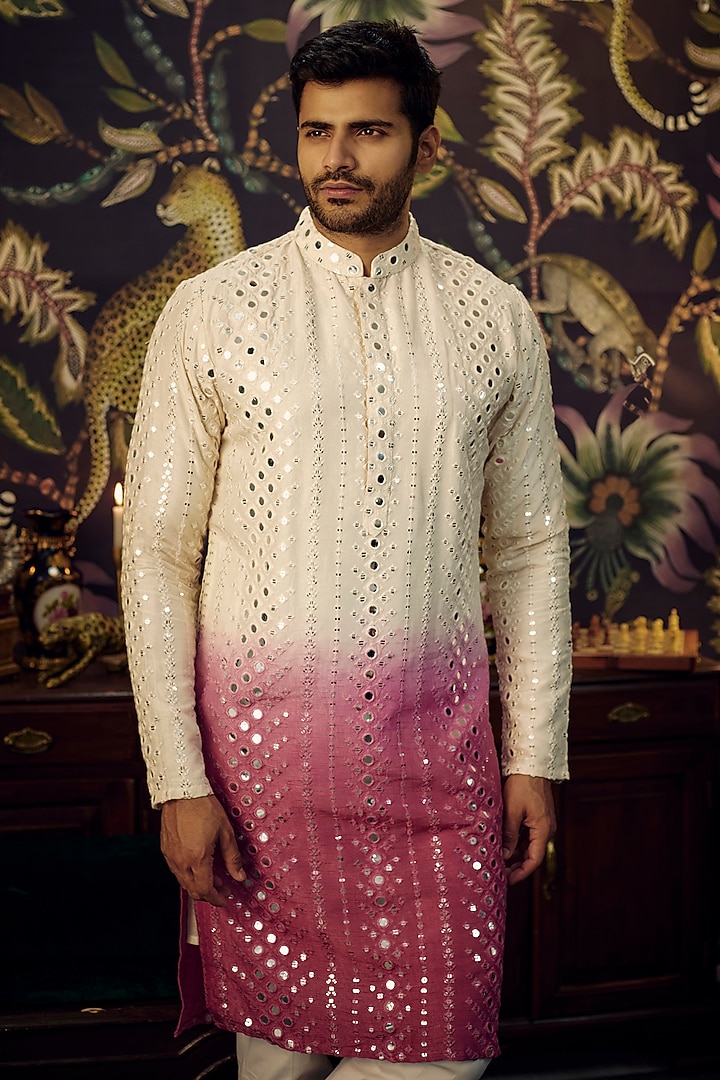 Cream-Fuchsia Silk Mirror Work Kurta Set by Kasbah Clothing at Pernia's Pop Up Shop