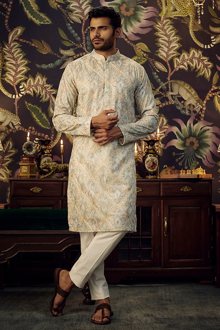 Beige Georgette Threadwork Kurta Set by Kasbah Clothing at Pernia's Pop Up Shop