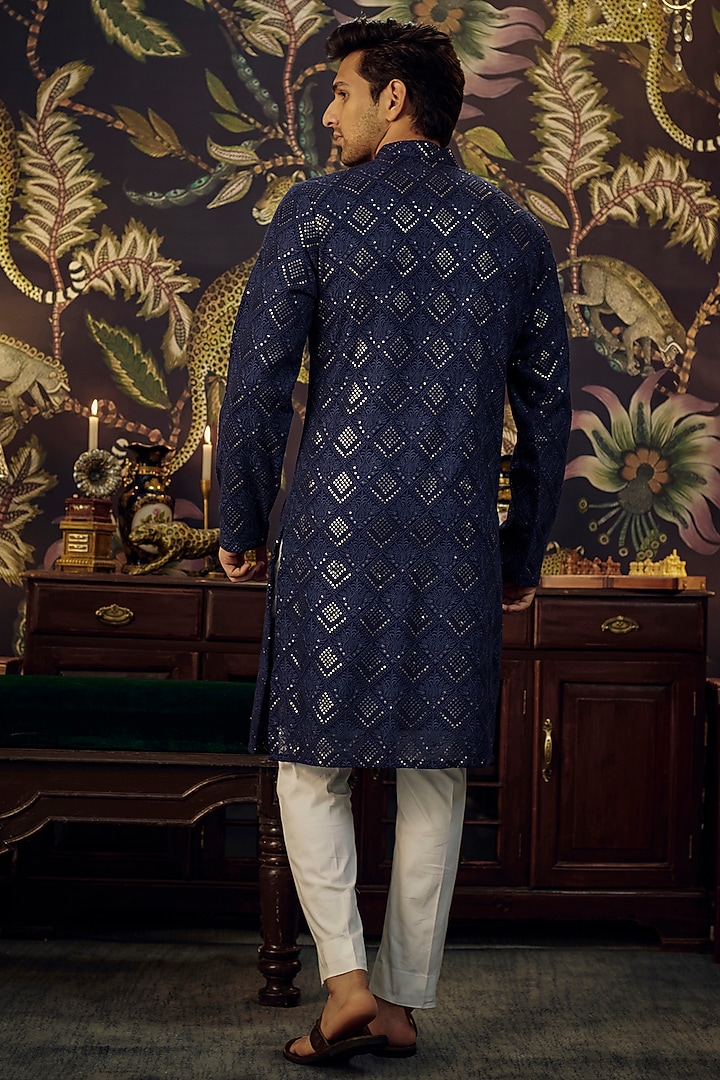 Navy Blue Georgette Sequins Embroidered Chikankari Kurta Set by Kasbah Clothing at Pernia's Pop Up Shop