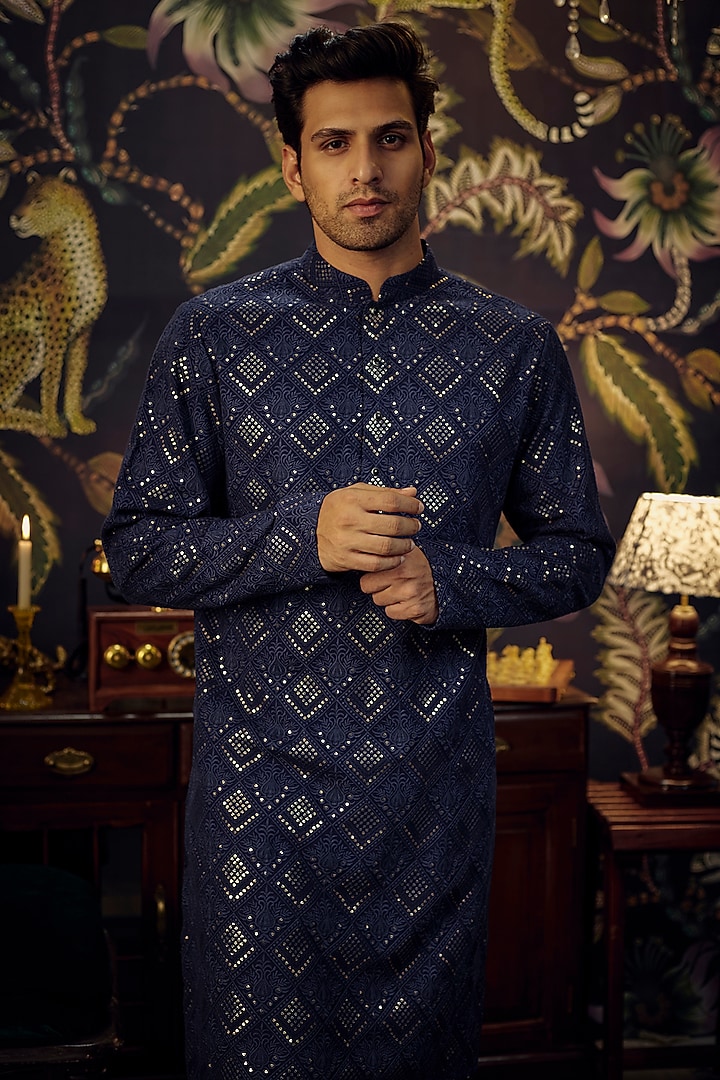 Navy Blue Georgette Sequins Embroidered Chikankari Kurta Set by Kasbah Clothing at Pernia's Pop Up Shop