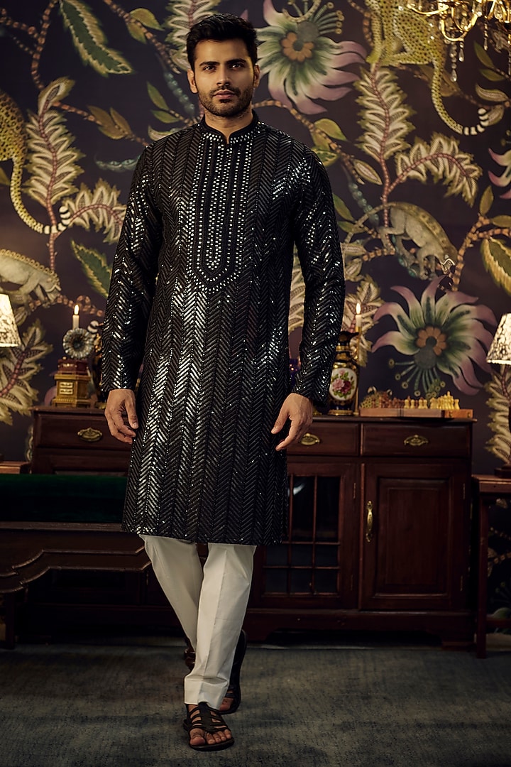 Black Chanderi Sequins Hand Embroidered Kurta Set by Kasbah Clothing at Pernia's Pop Up Shop