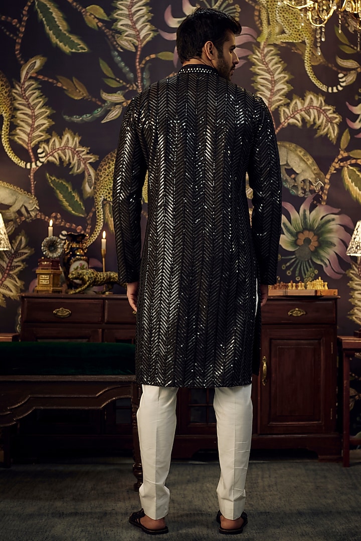 Black Chanderi Sequins Hand Embroidered Kurta Set by Kasbah Clothing at Pernia's Pop Up Shop