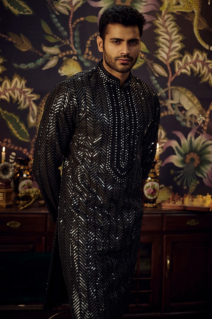 Black Chanderi Sequins Hand Embroidered Kurta Set by Kasbah Clothing at Pernia's Pop Up Shop
