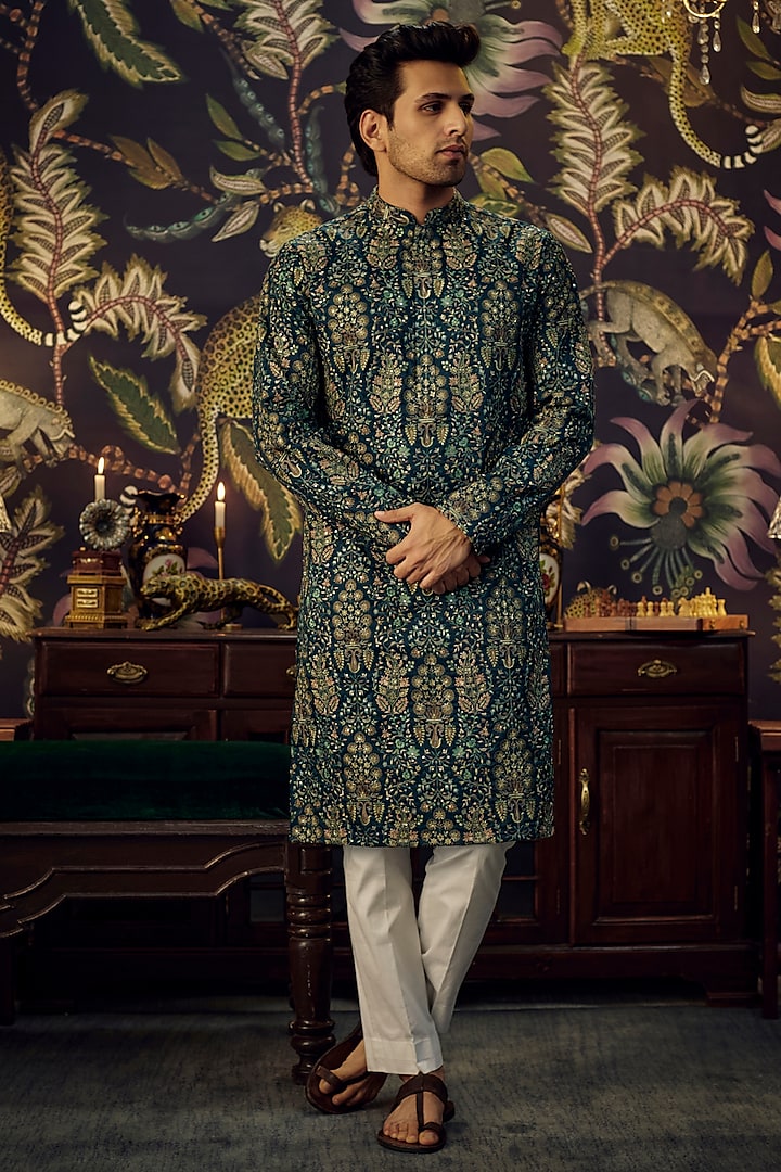 Green Silk Threadwork Chikankari Kurta Set by Kasbah Clothing