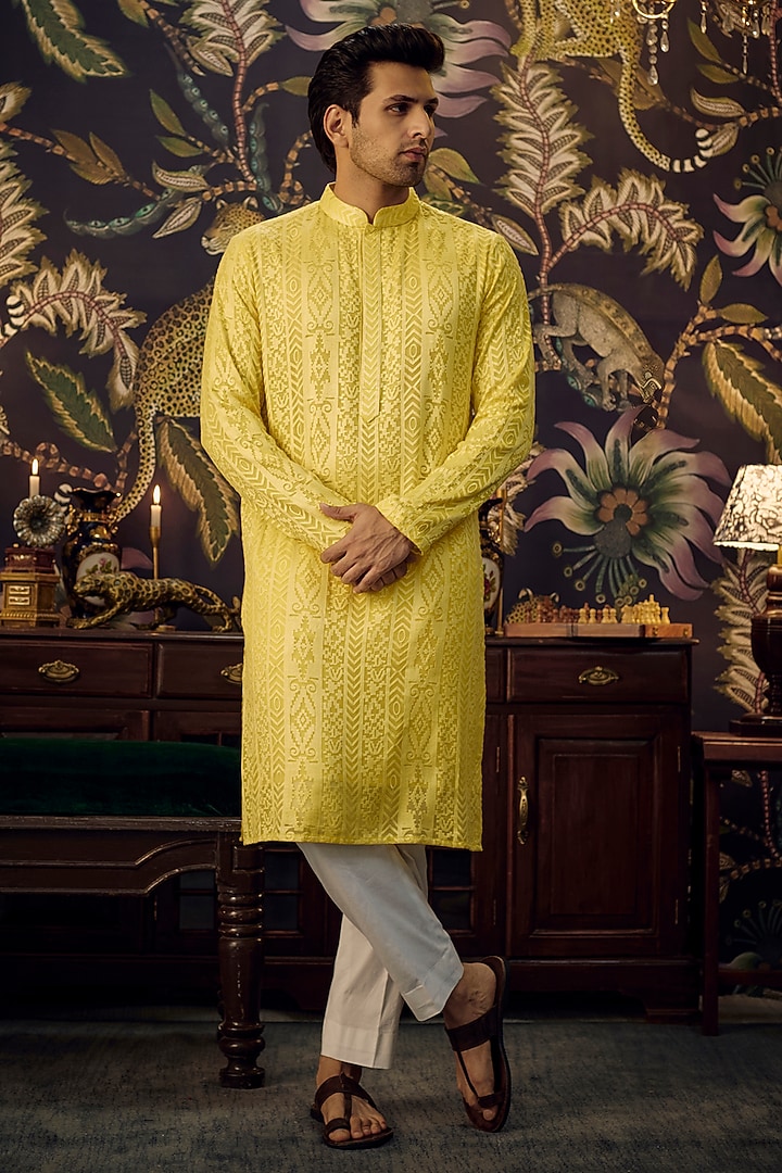 Yellow Georgette Threadwork Chikankari Kurta Set by Kasbah Clothing at Pernia's Pop Up Shop