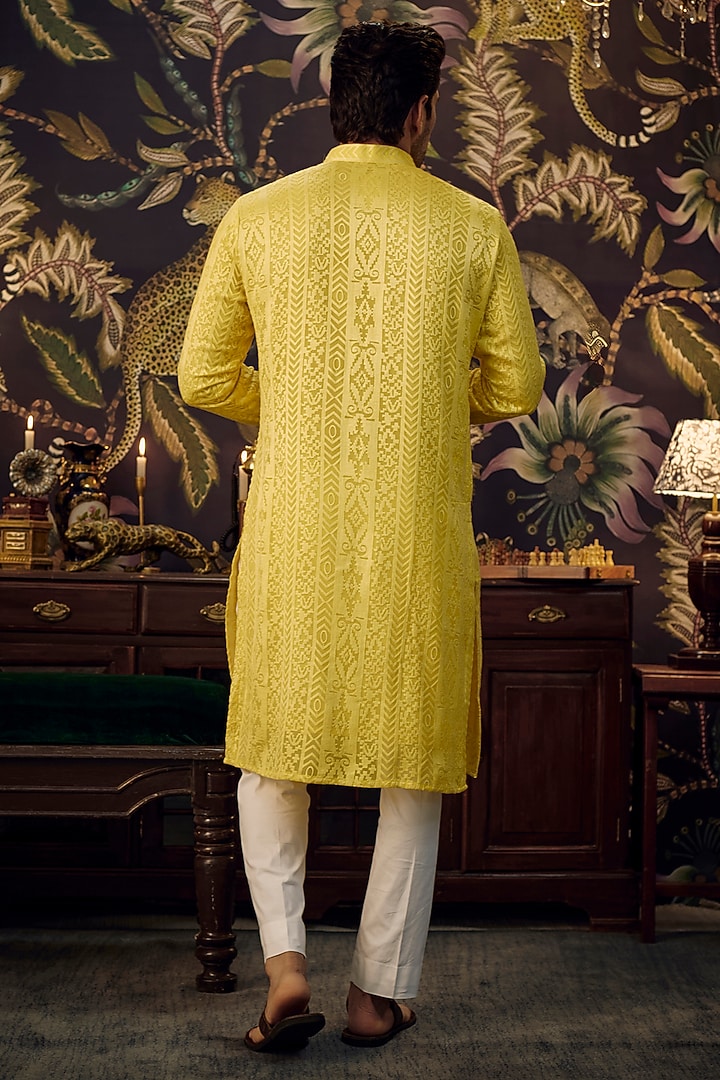 Yellow Georgette Threadwork Chikankari Kurta Set by Kasbah Clothing at Pernia's Pop Up Shop