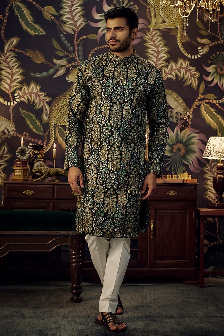 Black Silk Threadwork Floral Chikankari Kurta Set by Kasbah Clothing at Pernia's Pop Up Shop