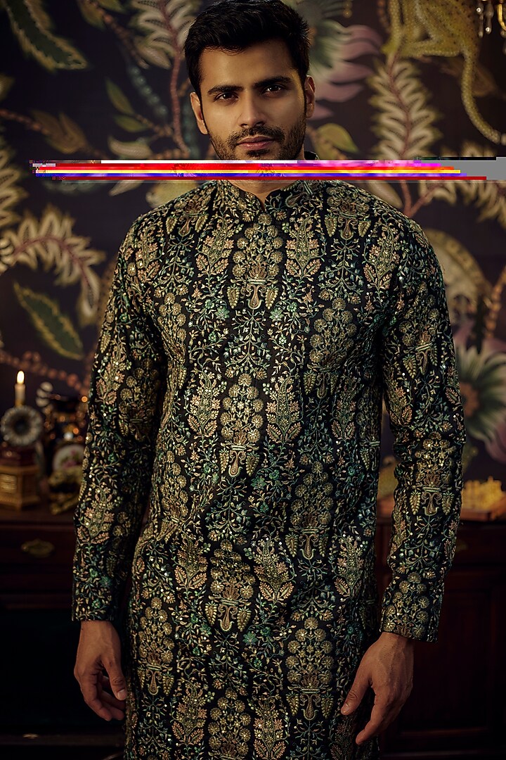Black Silk Threadwork Floral Chikankari Kurta Set by Kasbah Clothing at Pernia's Pop Up Shop