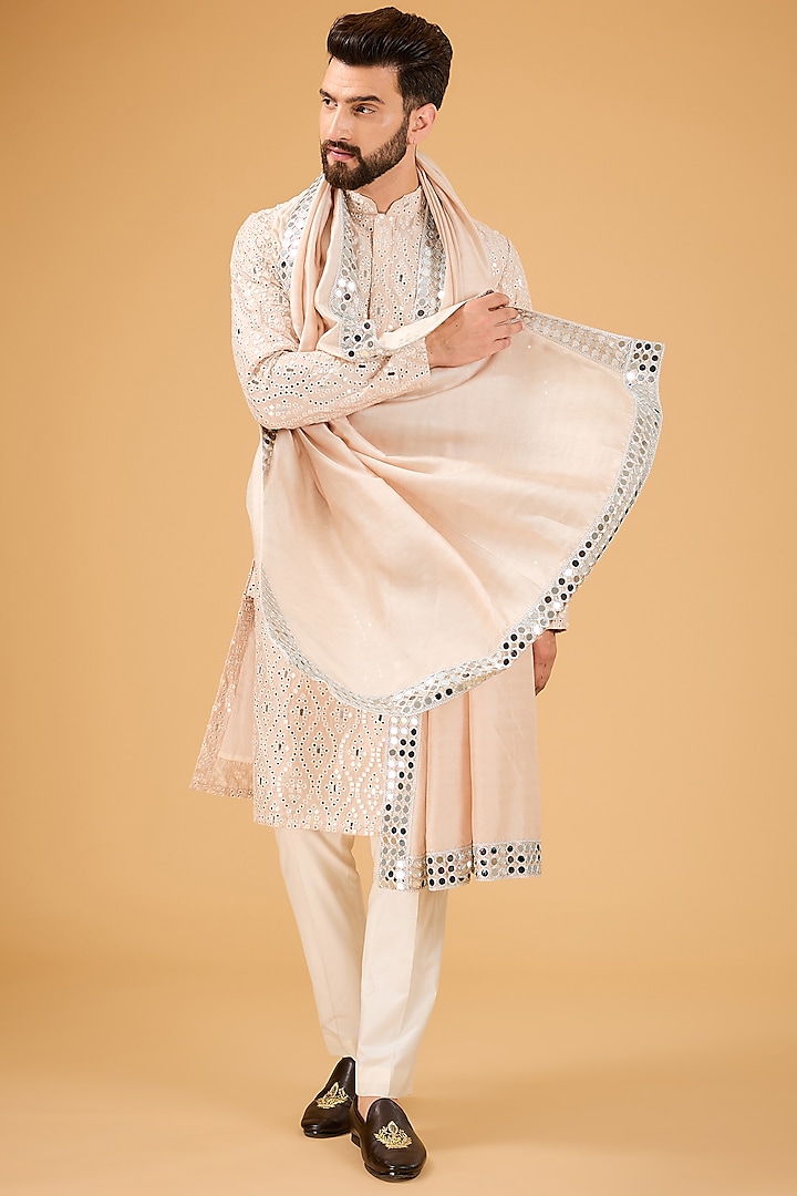Cream-Beige Silk Mirror Embellished Kurta With Stole by Kasbah Clothing at Pernia's Pop Up Shop