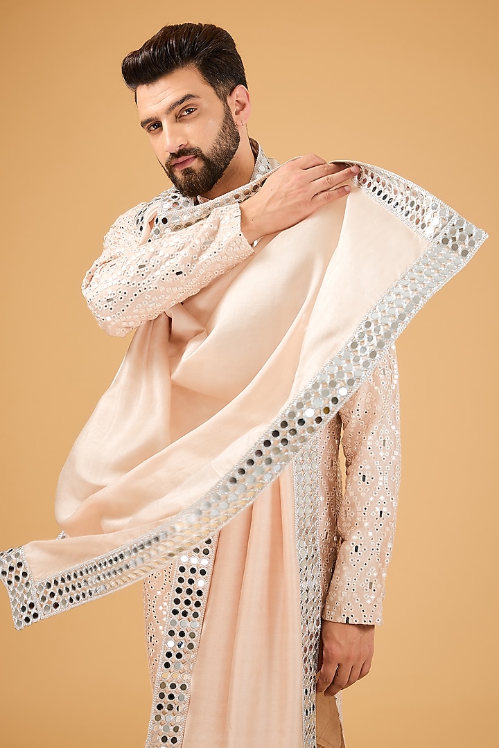 Pernia's Pop Up Shop Kasbah Clothing Men Cream-Beige Silk Mirror Embellished Kurta with Stole